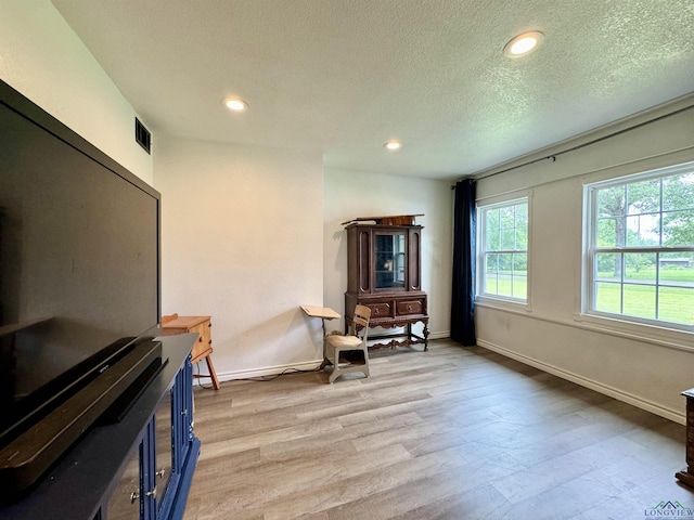 living area with light wood-type flooring and a textured ceiling