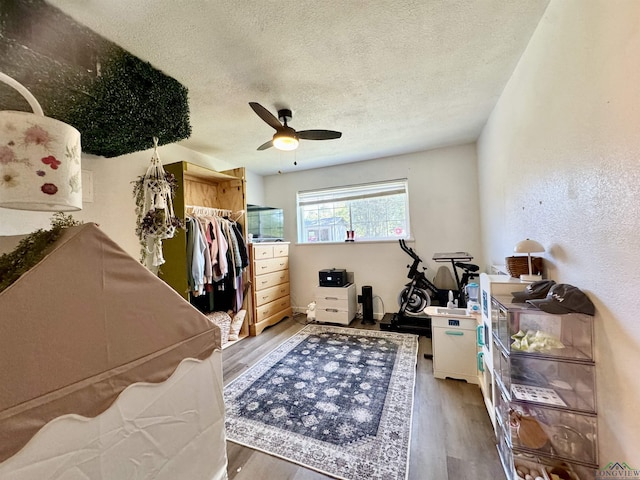 miscellaneous room with ceiling fan, hardwood / wood-style floors, and a textured ceiling