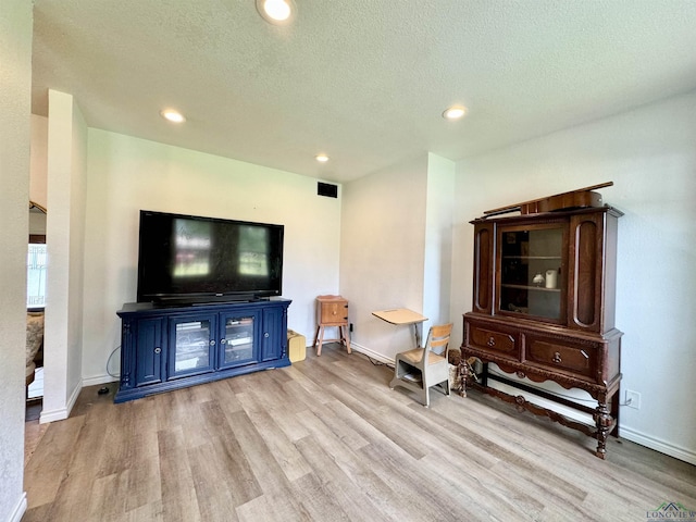 living room featuring light hardwood / wood-style floors and a textured ceiling