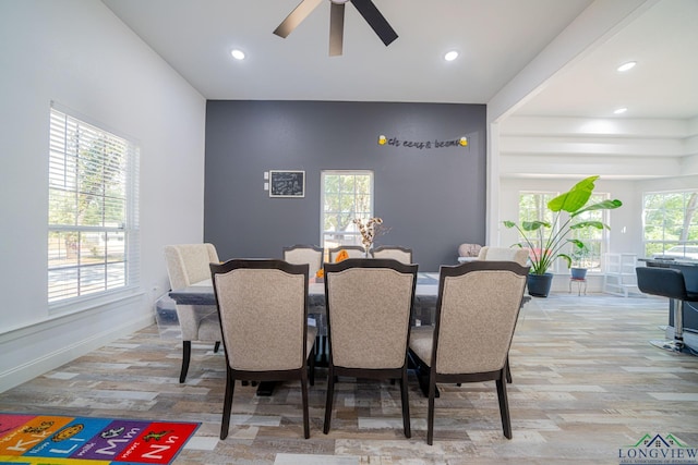 dining room featuring light wood-type flooring, recessed lighting, and ceiling fan