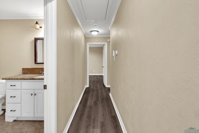 corridor featuring crown molding, sink, and dark wood-type flooring