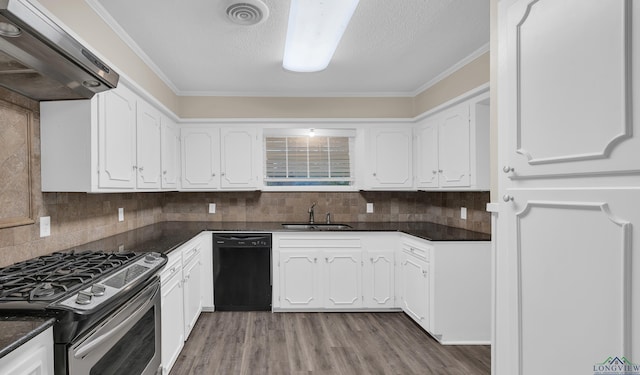 kitchen with white cabinets, sink, gas range, black dishwasher, and extractor fan