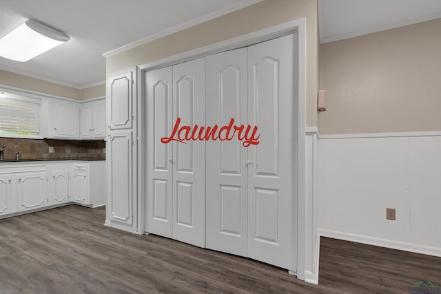 kitchen with decorative backsplash, ornamental molding, sink, wood-type flooring, and white cabinetry