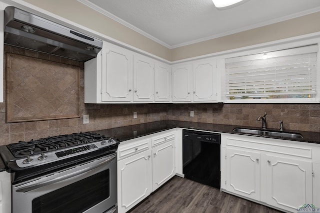 kitchen featuring gas stove, dishwasher, sink, range hood, and white cabinets