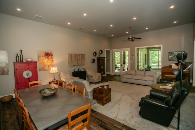 interior space featuring visible vents, wood finished floors, recessed lighting, a ceiling fan, and french doors
