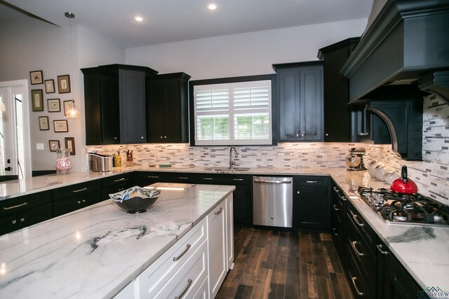 kitchen with a sink, light stone countertops, dark wood finished floors, custom exhaust hood, and stainless steel appliances