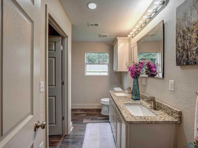 3902 Hazel St, Texarkana, TX 75503 - bathroom with wood finished floors, toilet, vanity, a textured wall, and a textured ceiling