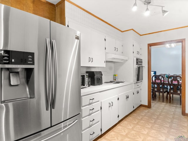 kitchen with white cabinetry, crown molding, and appliances with stainless steel finishes