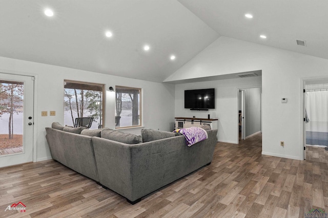 living room with wood-type flooring and high vaulted ceiling