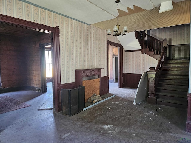 living room with a chandelier