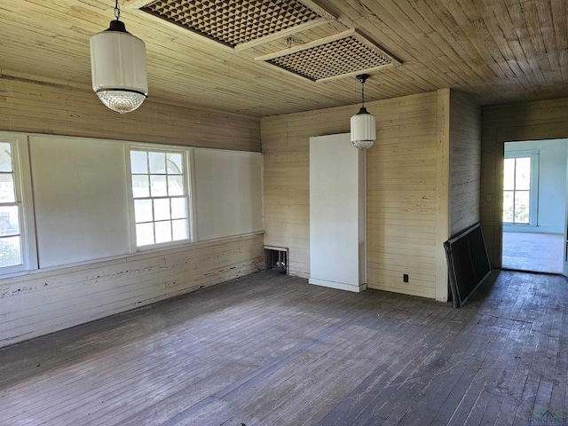 spare room featuring wood ceiling, plenty of natural light, dark wood-type flooring, and wood walls