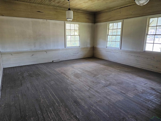 spare room featuring dark wood-type flooring and wooden ceiling