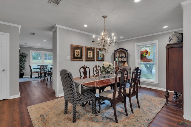 dining space with crown molding and dark wood-type flooring