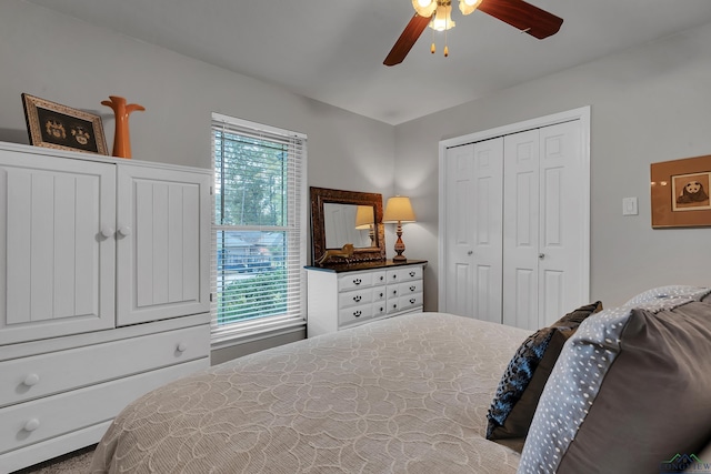 bedroom with multiple windows, a closet, and ceiling fan