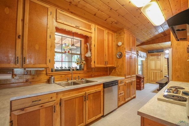 325 Laurel Ln, Holly Lake Ranch, TX 75765 - kitchen featuring dishwasher, a sink, wooden ceiling, light countertops, and electric stovetop
