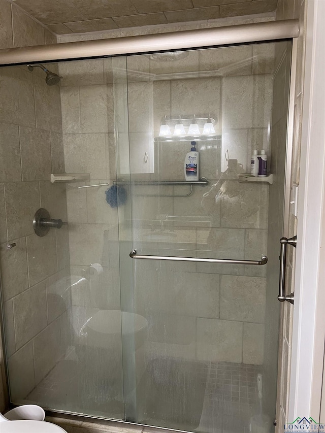 full bathroom featuring a shower stall and toilet
