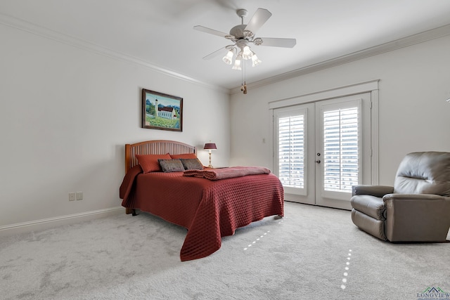 carpeted bedroom featuring ceiling fan, french doors, ornamental molding, and access to outside