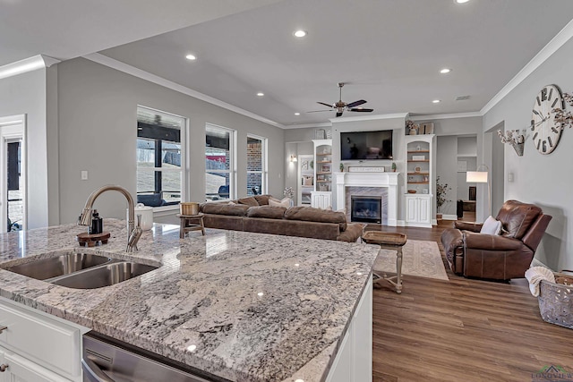 kitchen with dark wood-style flooring, a sink, white cabinetry, stainless steel dishwasher, and a high end fireplace