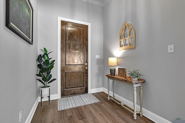 foyer entrance featuring dark wood-style flooring and baseboards