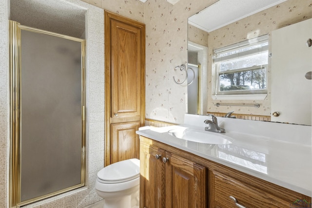 bathroom with vanity, an enclosed shower, and toilet