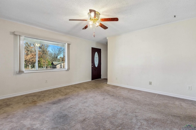 empty room with carpet, a textured ceiling, and ceiling fan