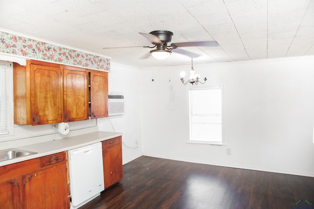 kitchen featuring a wall mounted air conditioner, ornamental molding, white dishwasher, dark wood-type flooring, and sink