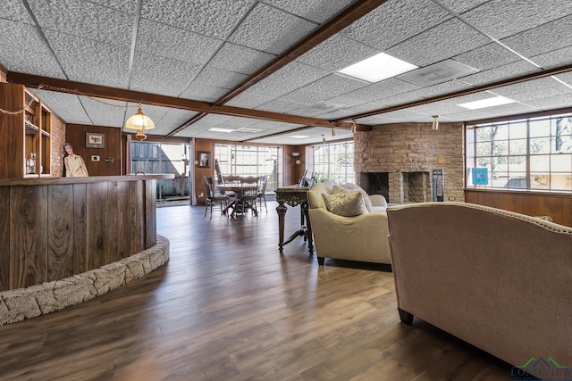 living area with dark wood-style floors, wood walls, and a stone fireplace