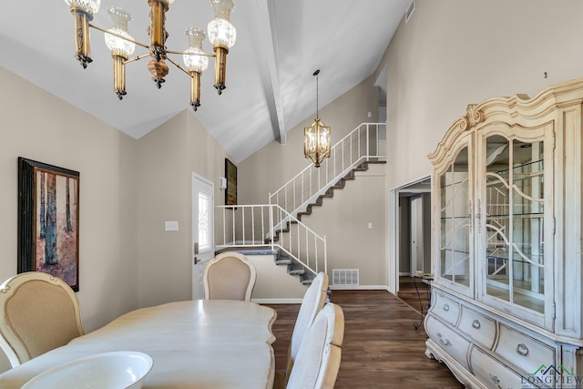 dining area with stairs, visible vents, dark wood finished floors, and a notable chandelier