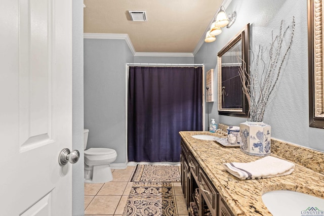 full bathroom featuring a sink, toilet, ornamental molding, visible vents, and double vanity