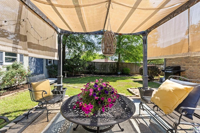 view of patio with an outdoor living space, grilling area, and a fenced backyard