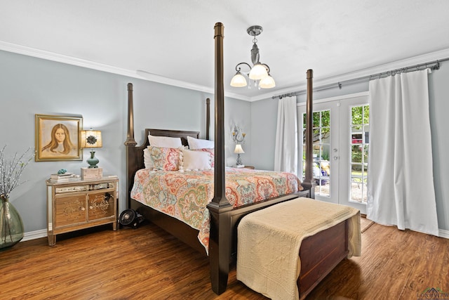 bedroom featuring crown molding, access to outside, baseboards, and wood finished floors