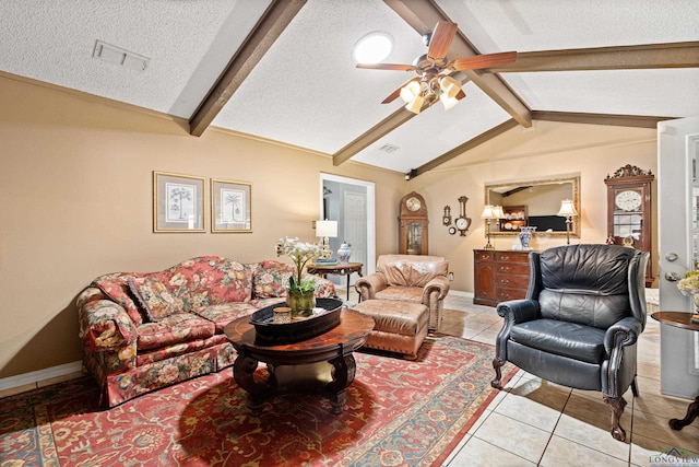 living area with light tile patterned floors, a ceiling fan, vaulted ceiling with beams, a textured ceiling, and visible vents
