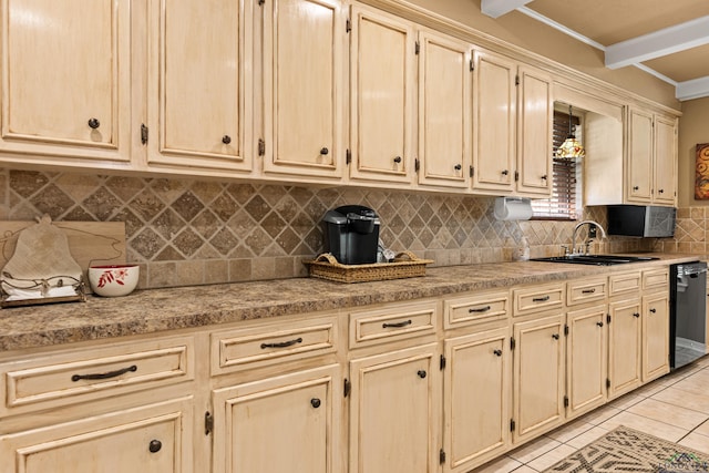 kitchen with dishwasher, ornamental molding, light tile patterned flooring, a sink, and backsplash