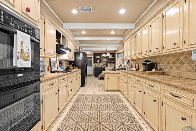 kitchen with recessed lighting, visible vents, light tile patterned flooring, a peninsula, and tasteful backsplash