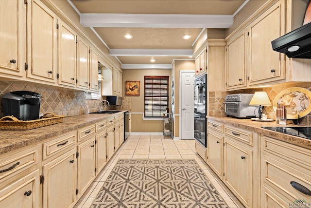 kitchen with ornamental molding, black appliances, a toaster, under cabinet range hood, and light tile patterned floors