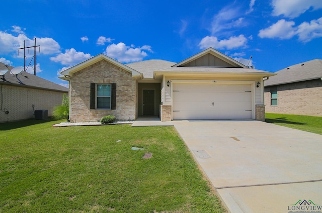 1146 Mission Creek Dr, Longview, TX 75601 - ranch-style house with brick siding, concrete driveway, a front lawn, a garage, and board and batten siding