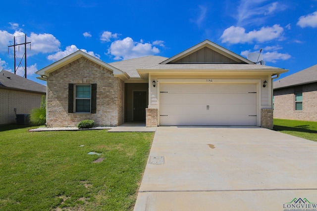 1146 Mission Creek Dr, Longview, TX 75601 - ranch-style home featuring brick siding, a front yard, concrete driveway, board and batten siding, and a garage