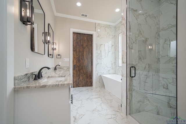 bathroom with vanity, crown molding, and independent shower and bath