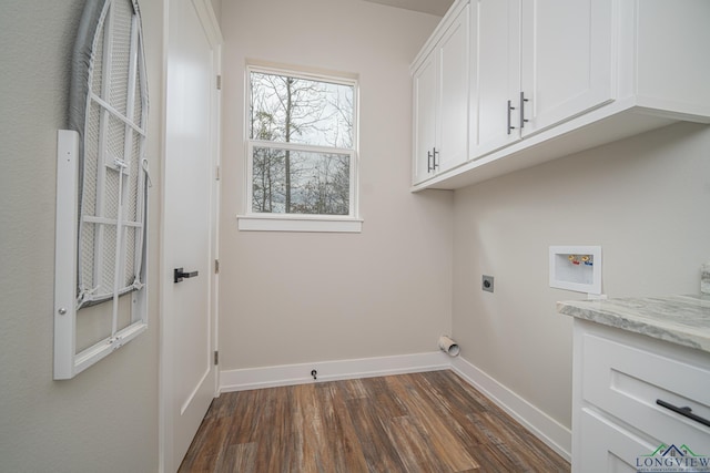 laundry area with washer hookup, dark wood-type flooring, cabinets, and hookup for an electric dryer