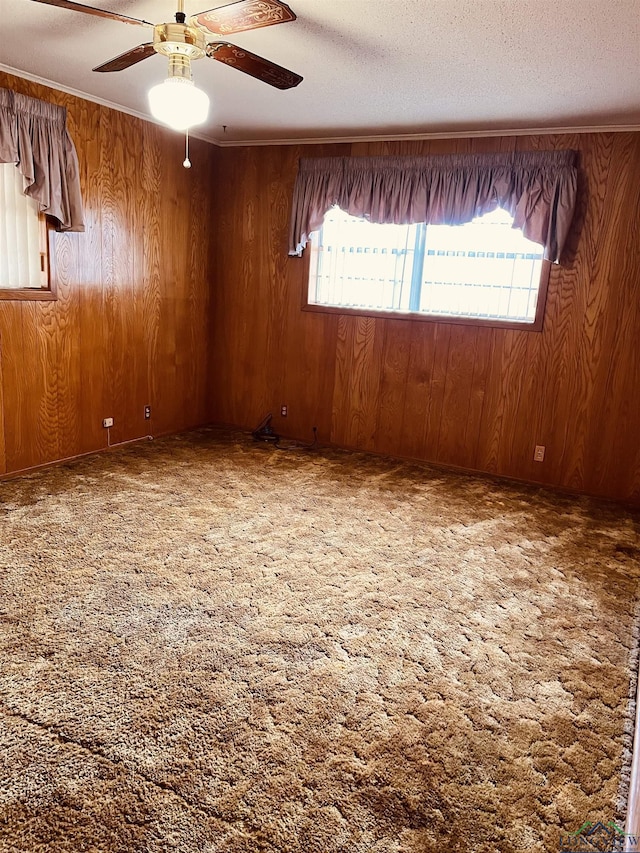 carpeted empty room featuring a wealth of natural light, ceiling fan, and wood walls