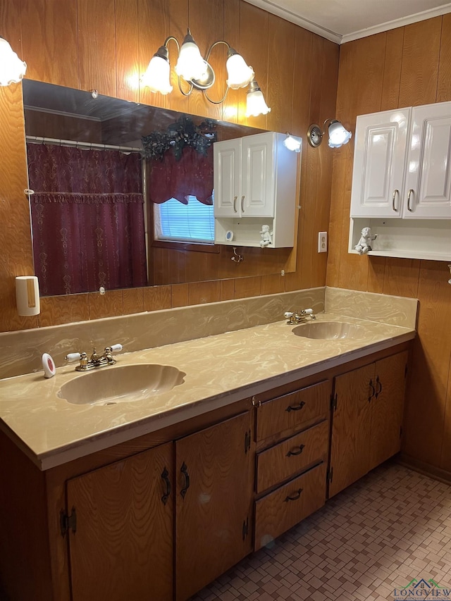 bathroom featuring vanity, a notable chandelier, and wood walls