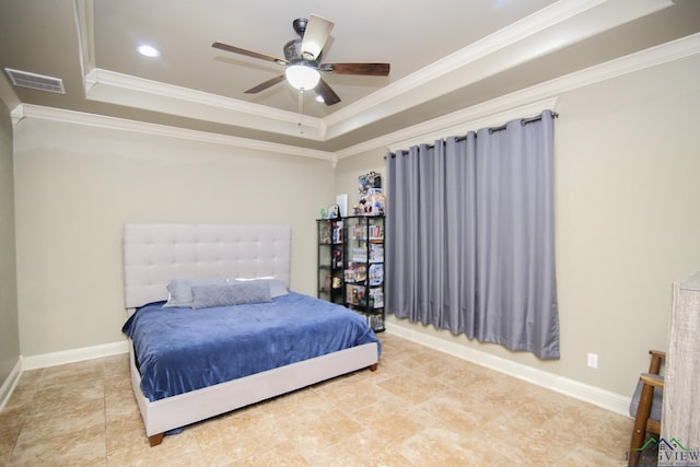 bedroom with visible vents, ornamental molding, ceiling fan, recessed lighting, and a raised ceiling