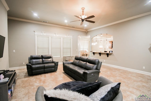 living area with baseboards, recessed lighting, ceiling fan, and tile patterned floors