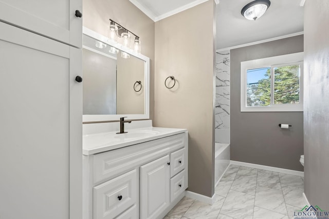 2210 E Harold St, Gladewater, TX 75647 - bathroom featuring baseboards, vanity, marble finish floor, and crown molding