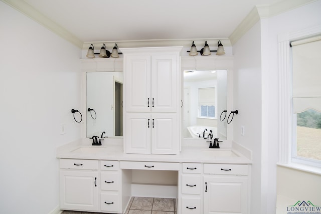 bathroom with tile patterned flooring, vanity, and crown molding