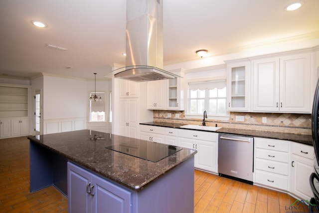 kitchen with a center island, black electric stovetop, stainless steel dishwasher, white cabinetry, and island exhaust hood