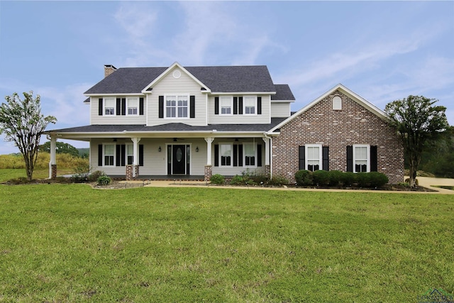 view of front of home featuring covered porch and a front yard