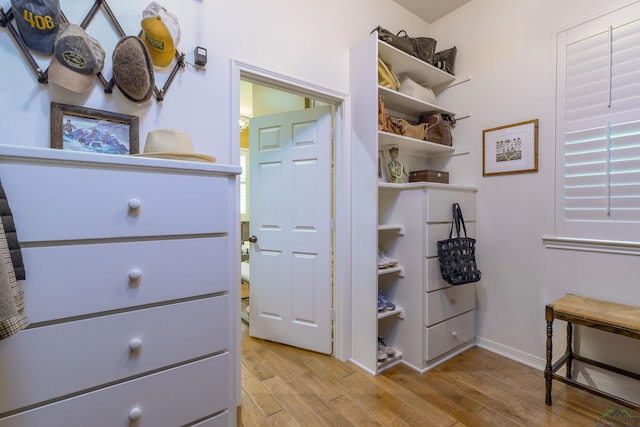 walk in closet with light hardwood / wood-style floors