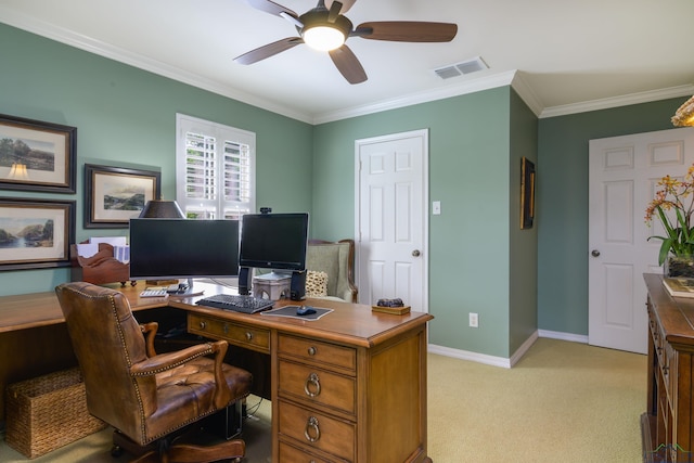 carpeted office space with ceiling fan and crown molding