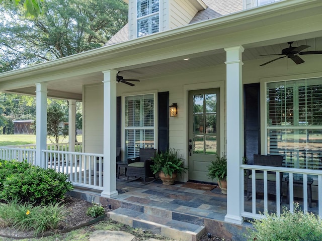 property entrance featuring ceiling fan and a porch